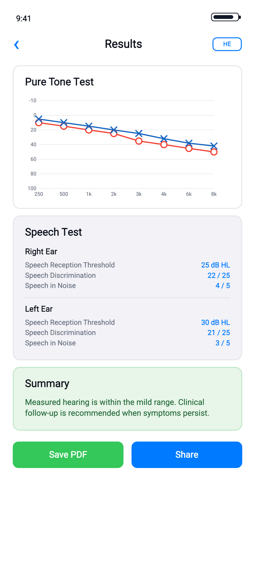 HearApp results report screen