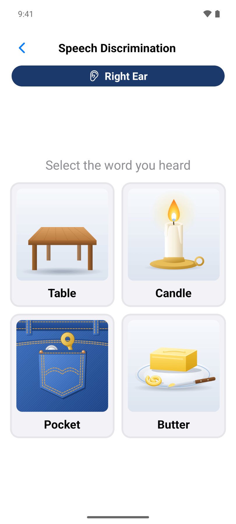 EZTon app Speech Discrimination screen with picture cards