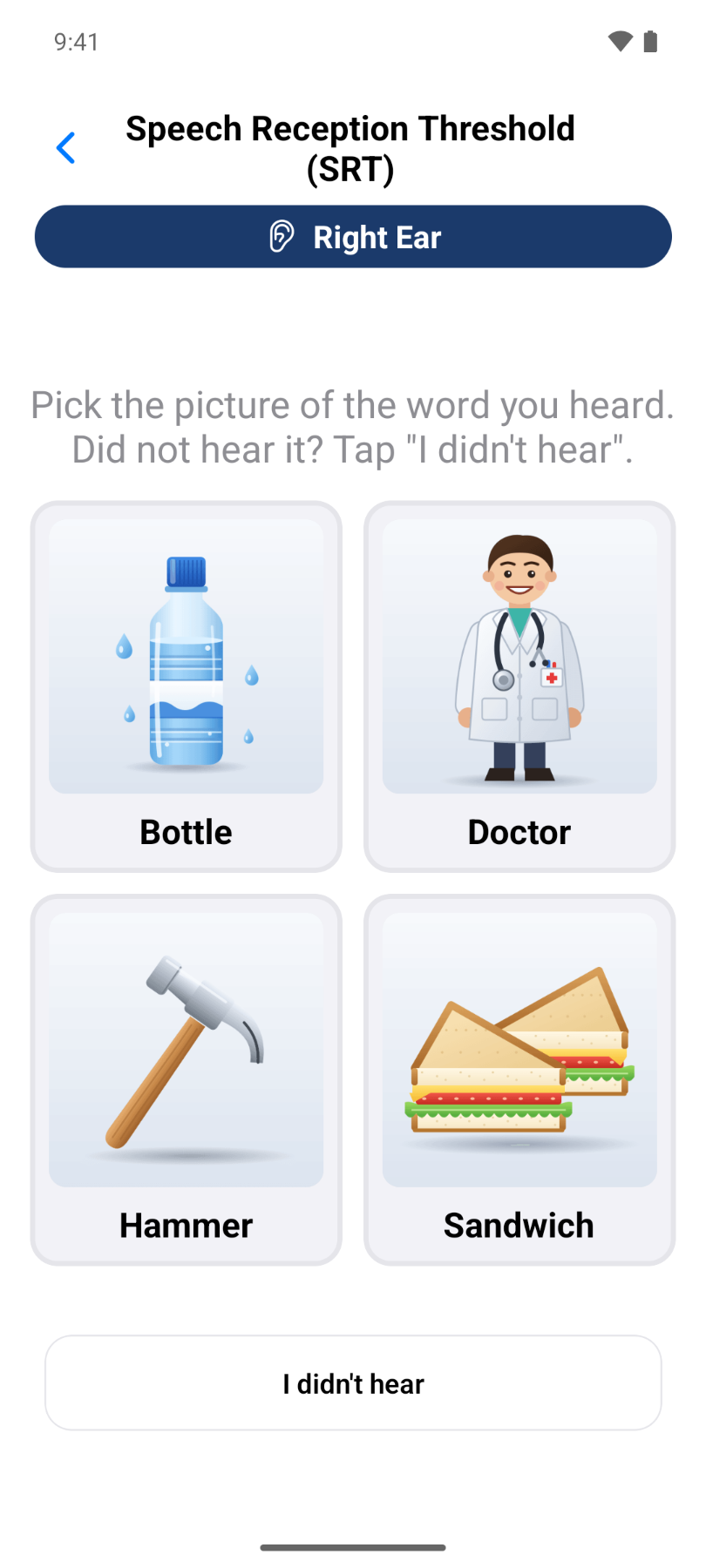 EZTon app Speech Reception Threshold screen with picture cards