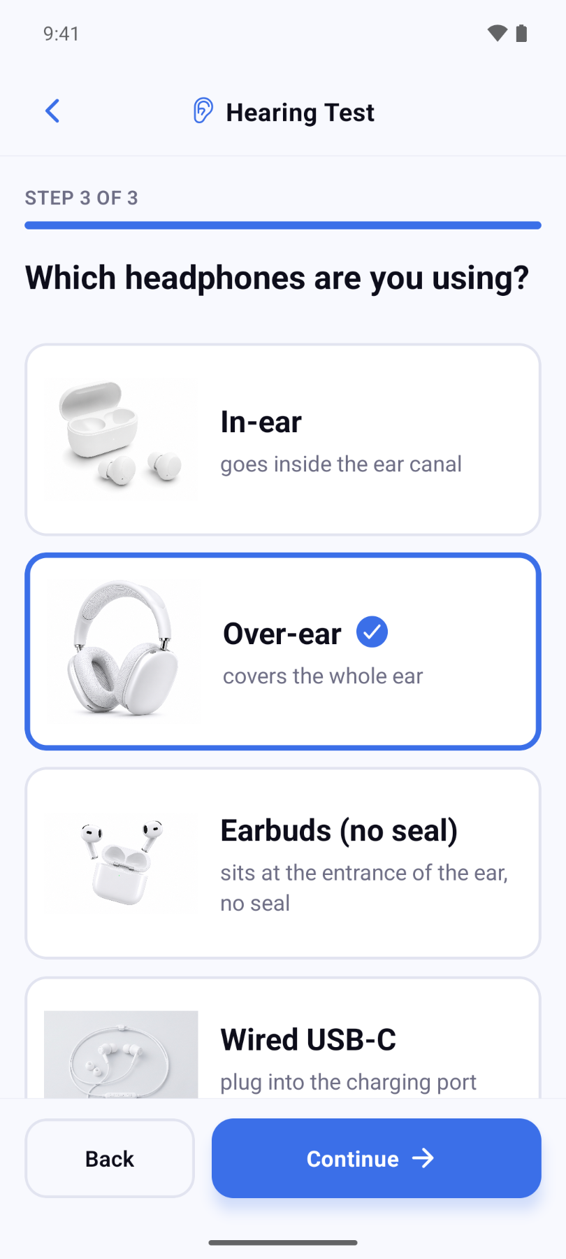 EZTon app screen for choosing the headphone type