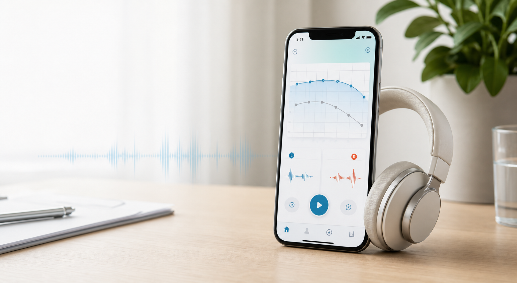 Smartphone hearing test app with headphones on a clean desk
